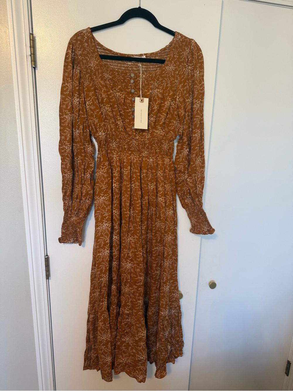 Smocked Waist Rust Floral Long-Sleeve Midi Dress